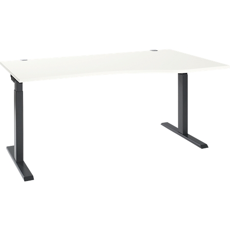 White, height-adjustable desk with black frame. The tabletop is slightly rounded. The desk stands on a white background.