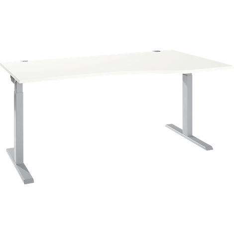 White desk with height-adjustable silver legs.