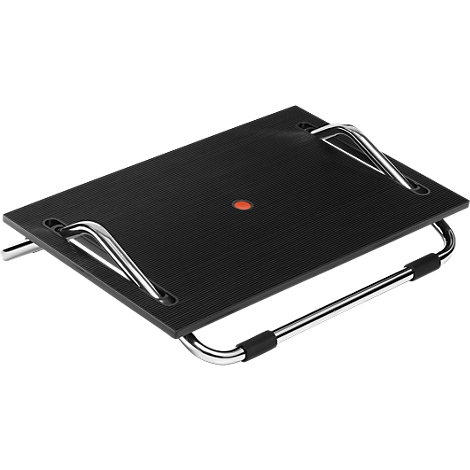 Black footrest with silver metal legs and a red button in the middle.