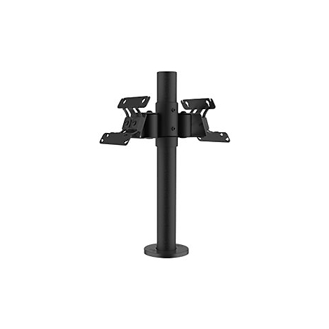 Schwarzer Monitorständer mit vier Halterungen, die an einem vertikalen Mast befestigt sind, auf weißem Hintergrund.