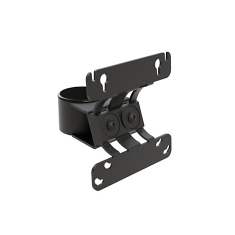 Schwarze, winkelige Halterung für ein Gerät, mit zwei Schrauben und einer zylindrischen Halterung, die nach links zeigt.