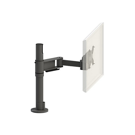 Ein grauer Monitorarm, der an einem Monitor befestigt ist. Der Monitor wird durch ein helles Rechteck dargestellt. Weißer Hintergrund.