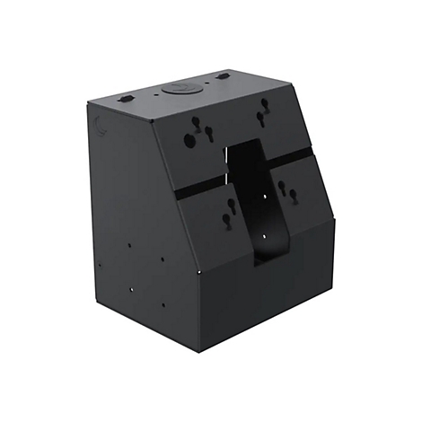 Support noir angulaire avec diverses découpes et trous.