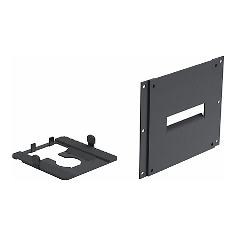 Zwei schwarze Metallteile auf weißem Hintergrund: Eine Halterung und eine Platte mit Schlitz.