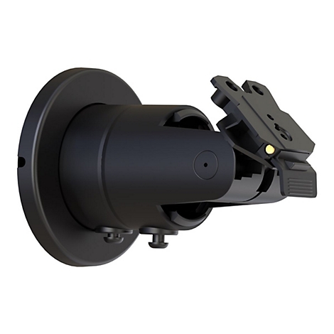 Schwarze Wandhalterung für Lautsprecher, detailliert. Sie hat eine runde Basis, einen zylindrischen Mittelteil und eine abgewinkelte Halterung.