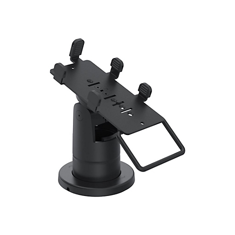 Schwarze Halterung für ein Tablet, drehbar, mit Standfuß.