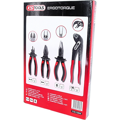 Werkzeugset mit roten und schwarzen Zangen auf rotem Hintergrund. Oben links: KS TOOLS, rechts: ERGOTORQUE.