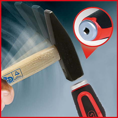 Hammer, zeigt die Montage mit Holzstiel und rotem Griff.