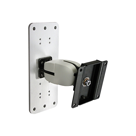 Un support mural pour un écran. Il se compose d'une plaque argentée avec des trous et d'une partie de support grise et mobile.