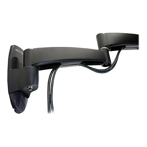 Schwarze TV-Halterung von Ergotron an der Wand. Kabel verlaufen am Halter entlang.