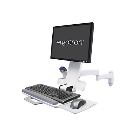 Un bras de moniteur et de clavier blanc, réglable en hauteur. Un moniteur avec le logo "ergotron", un clavier, une souris et des supports sont visibles.