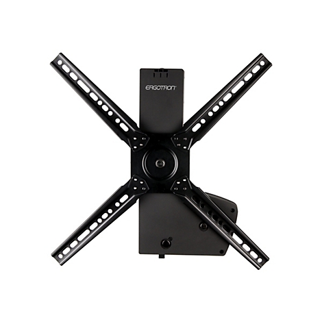 Support mural TV noir, logo Ergotron, bras métalliques avec trous. Fond blanc.