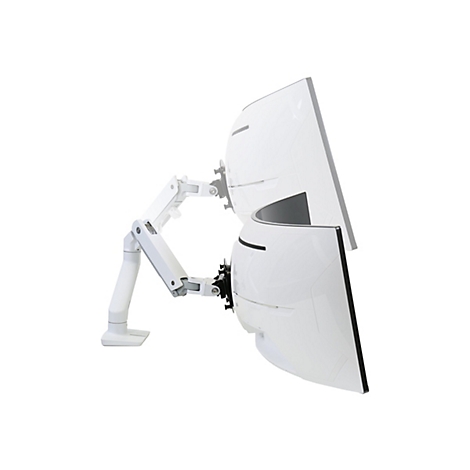 Deux écrans blancs incurvés avec bras et support montés, sur fond blanc. L'écran supérieur affiche une zone noire.