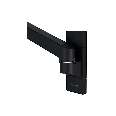 Gros plan sur un bras de moniteur noir. Logo Ergotron en bas à droite.