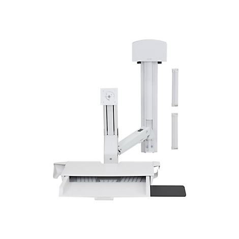 Weißer Wand-Monitor-Arm mit Schreibtischaufsatz. Das Ergonomie-Zubehör hat den Schriftzug "ERGOTRON".