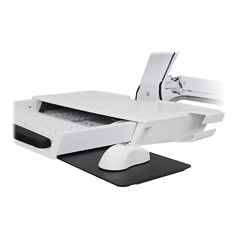 Schreibtisch-Erweiterung, weiß, mit Tastatur, Maus und Mauspad.