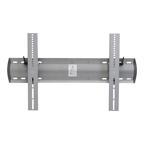 Silberne TV-Halterung mit zwei vertikalen Montagearmen. Details wie das US-Patent und ein Aufkleber sind sichtbar.