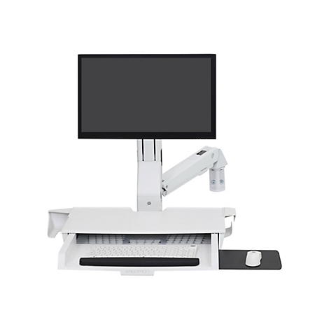 Ein weißer Monitor-Arbeitsplatz mit Bildschirm, Tastatur, Maus. Der Bildschirm ist an einem Arm befestigt, der an einem Schreibtisch befestigt ist.