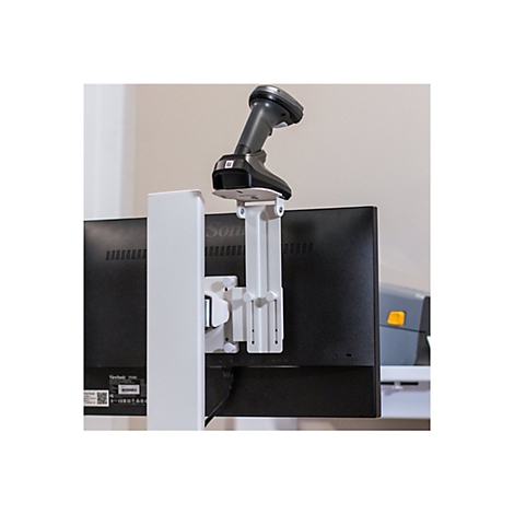 Ein Barcode-Scanner ist an einer weißen Halterung befestigt, die an der Rückseite eines schwarzen Monitors montiert ist.