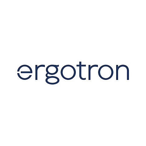 Blaues Logo des Unternehmens Ergotron in serifenloser Schrift auf weißem Hintergrund.