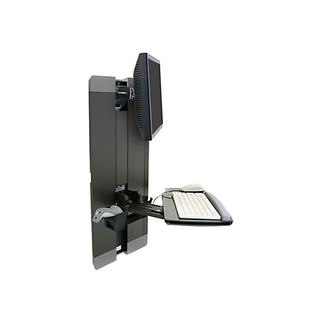 Ein graues Wandmontage-System mit Monitor, Tastatur, Maus und Scanner vor weißem Hintergrund. Der Monitor ist abgewinkelt.