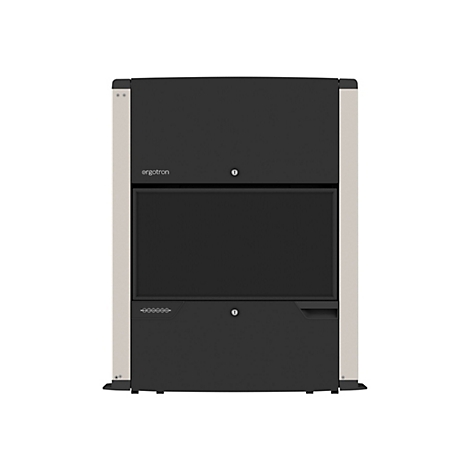Ein schwarzer Schrank mit cremefarbenen Seiten vor weißem Hintergrund. Das Logo 'ergotron' ist zu sehen.