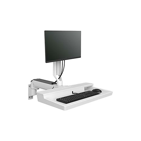 Schreibtisch mit Monitor, Tastatur und Maus. Alles in Weiß gehalten, an einer Wand befestigt.