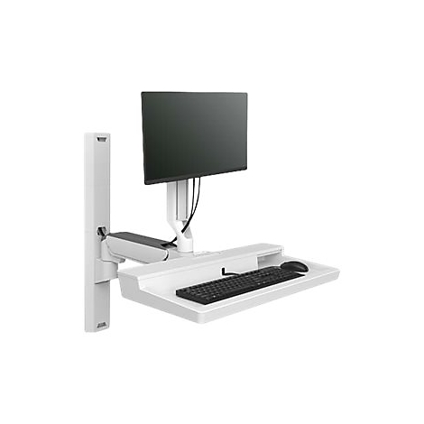 Schreibtisch-Setup mit Wandhalterung. Bildschirm, Tastatur und Maus sind zu sehen.