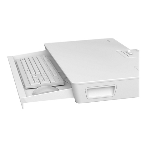 Weiße Tastaturablage mit ausziehbarem Fach, Tastatur und Maus auf weißem Hintergrund.