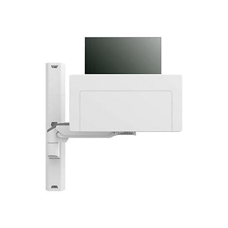 Halterung für einen Monitor, weiß. Bildschirm schwarz.