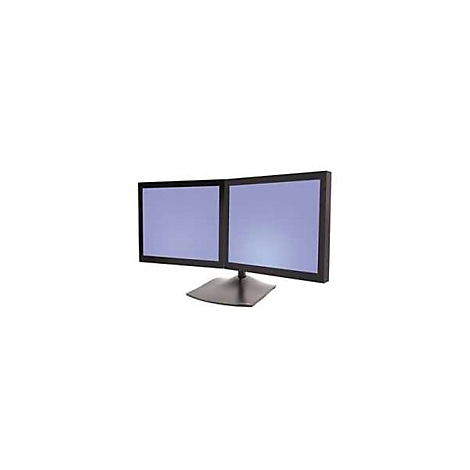 Zwei schwarze Monitore nebeneinander auf einem schwarzen Ständer.