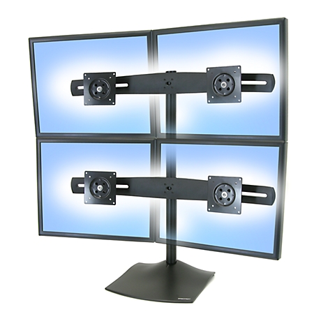 Four-monitor mount. Black frames, blue screens. On a white background.