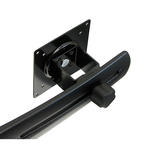 Black monitor mount: rectangular plate with screws, connected to an arm and adjustment knob.