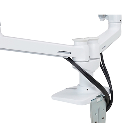 Witte monitorarm met zwarte kabels; detailopname.