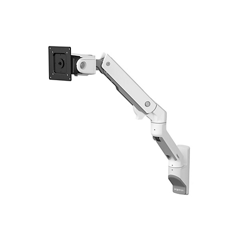 Monitorhalterung in Weiß-Grau, schwenkbar. Aufschrift: ergotron.