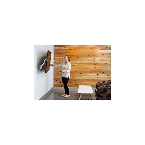 Eine Frau befestigt einen Fernseher an einer Wand. Sie hält eine Fernbedienung und lächelt. Der Hintergrund besteht aus Holzbrettern.