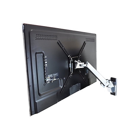 Rückansicht eines Fernsehers an einer schwenkbaren Wandhalterung, grauer Metallarm.