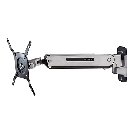 Ein schwenkbarer Monitorarm in Silber und Schwarz auf weißem Hintergrund. Der Arm trägt den Schriftzug "Ergotron".