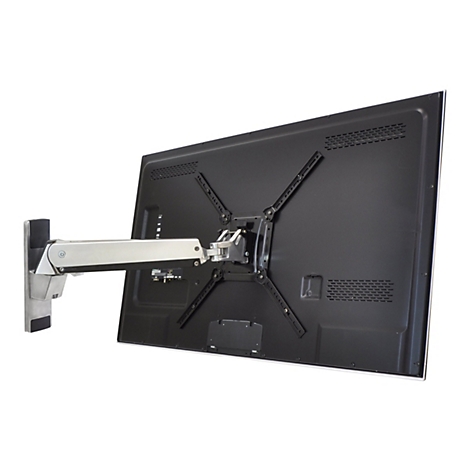 Rückseite eines Fernsehers an einer Wandhalterung. Der Fernseher ist schwarz, die Halterung silberfarben.