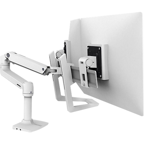 Weißer Monitorarm mit Monitor, vor weißem Hintergrund. Der Arm hat mehrere Gelenke.