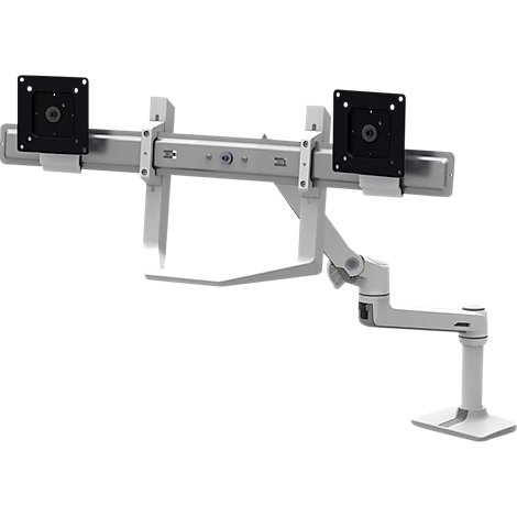 Ein weiß-grauer Doppelmonitor-Halter, montiert auf einem Sockel. Er hat zwei Arme mit schwarzen Platten zur Befestigung von Bildschirmen.