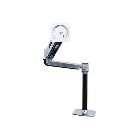Monitorhalterung aus Metall, silber und schwarz. Sie hat einen StandfuÃŸ, einen Arm und eine Halterung fÃ¼r den Monitor.
