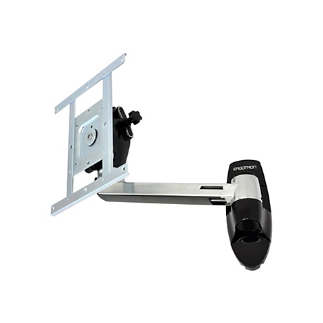 Schwenkbare Ergotron Wandhalterung mit schwarzer Basis und silbernem Arm vor weißem Hintergrund.