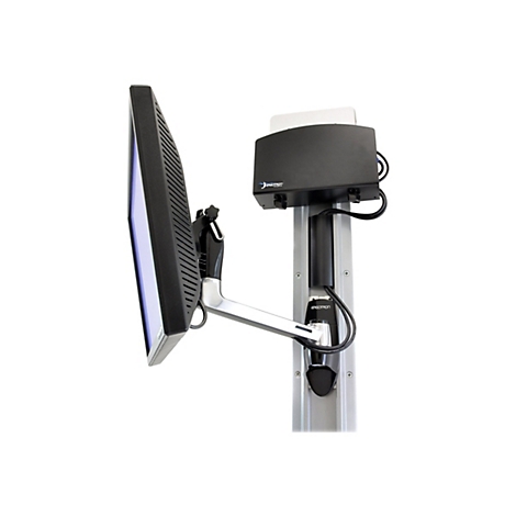 Monitor-Halterung, silberne Säule mit schwarzer Halterung und Monitor, Ergotron-Logo.