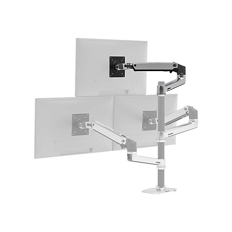 Dreifach-Monitorhalterung, silber, mit schwarzem Halterungselement vor hellem Hintergrund.