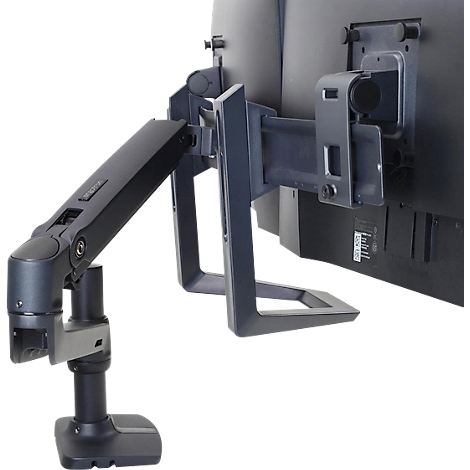 Support de moniteur noir. La conception est équipée d'un bras mobile et d'une base.