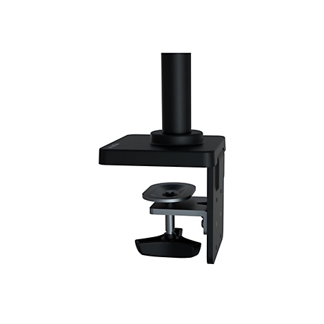 Schwarze Monitorhalterung, die an einem Tisch befestigt wird. Sie hat einen vertikalen Mast, einen Klemmmechanismus und eine Halterung.