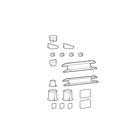 Verschiedene Bauteile, schwarz umrandet, auf weißem Hintergrund dargestellt: Schrauben, Halterungen, Gehäuse.