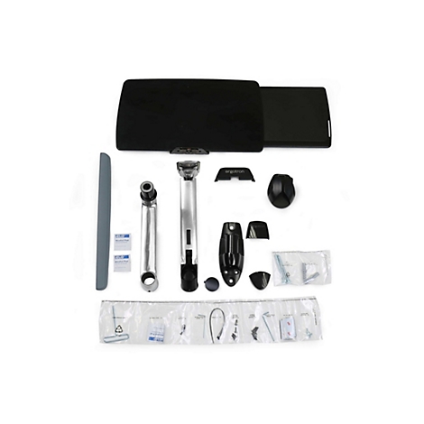 Sur fond blanc, les différentes pièces d'un bras de moniteur sont disposées. On y trouve un support noir pour l'écran, un bras argenté, des pièces de fixation noires et argentées, deux tampons imbibés d'alcool, une bande grise et un sachet de vis et au...