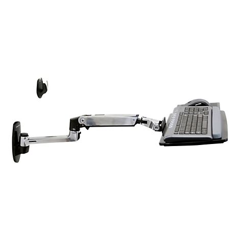 Système téléphonique gris avec clavier, monté sur un bras articulé argenté, lui-même monté sur le mur.